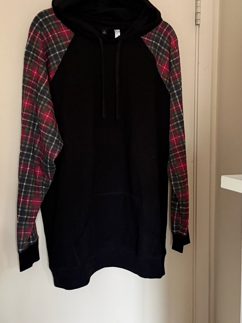 torrid Black Hoodie with Red and Green Plaid Raglan Sleeves